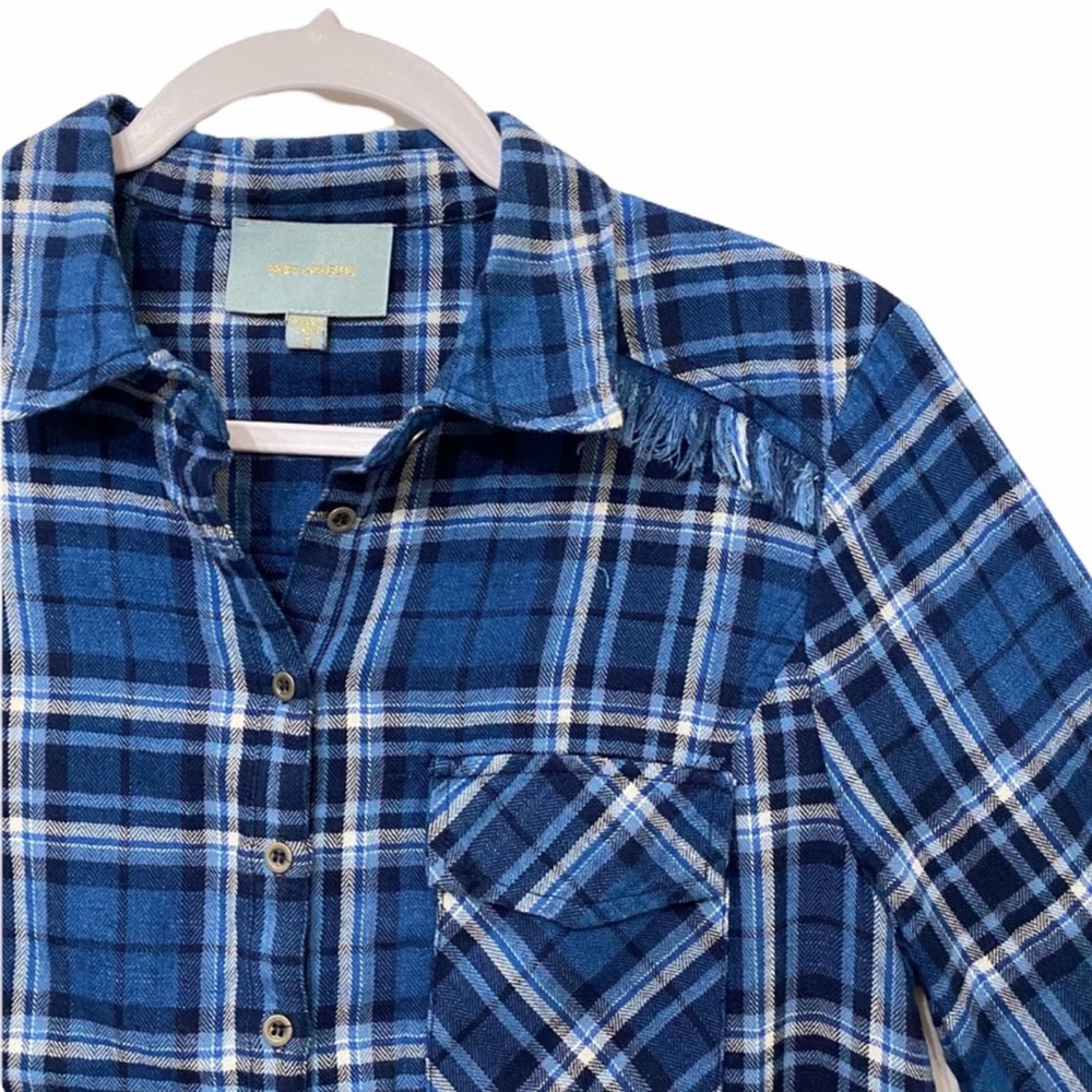 Plaid Print Flannel Fringe Bottom Long Sleeve Dress Blue Small Button Up